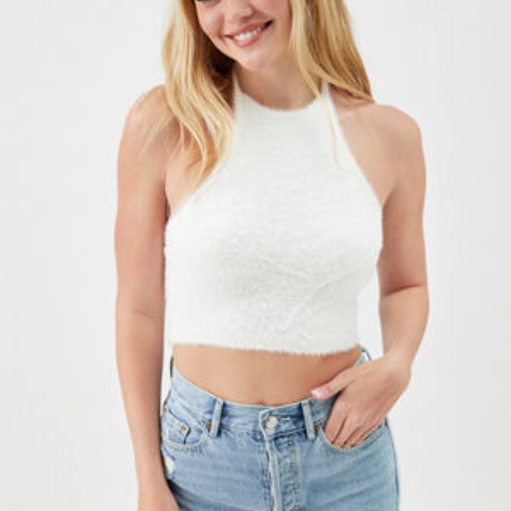 PacSun fuzzy white halter top, size medium